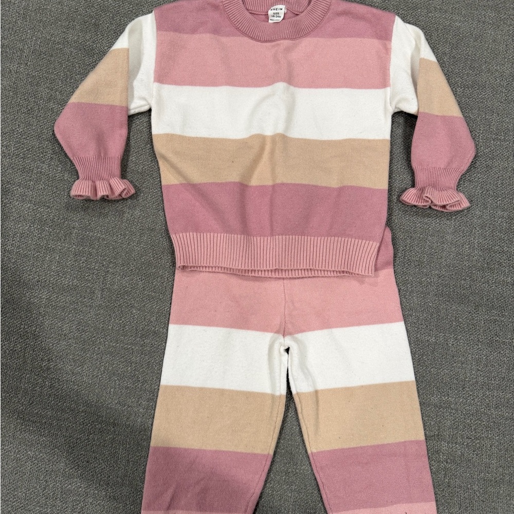 SHEIN Pink White Tan Striped Kids Pajama Set